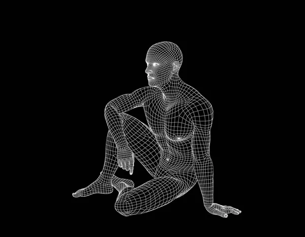 男は地面に座っています ワイヤ フレーム人体 ベクトルの概要図 — ストックベクタ