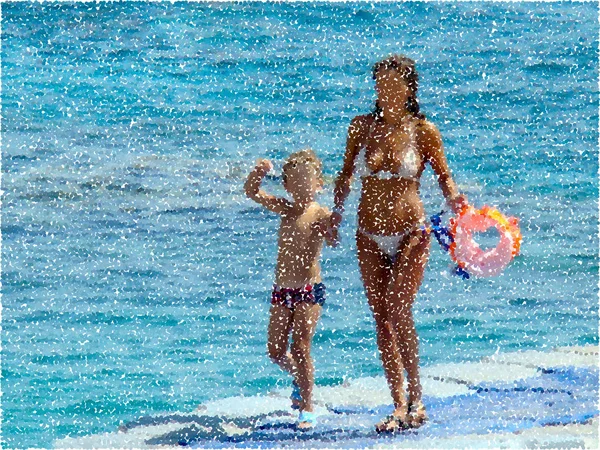 Mutter Und Sohn Spazieren Strand Vektor Bunte Illustration Pointillismus Stil — Stockvektor