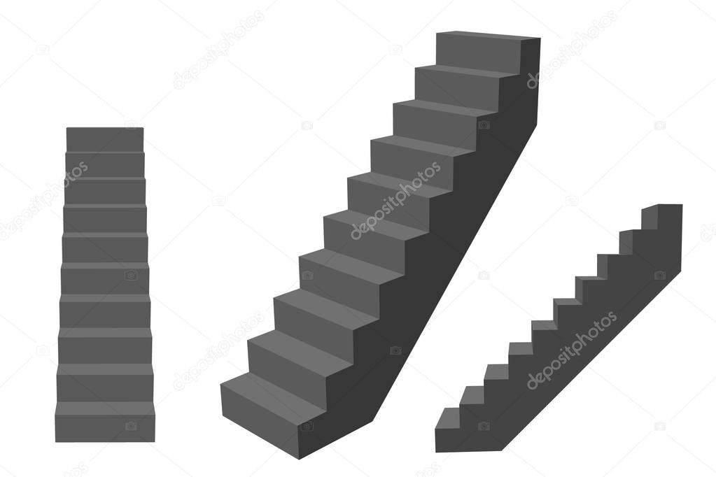 Stairway. Isolated on white background. 3d Vector illustration. Different viewes.