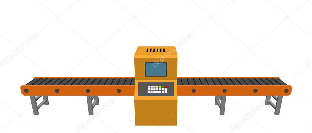 Empty conveyor belt with monitor. Isolated on white background. 3d Vector illustration. Front view.