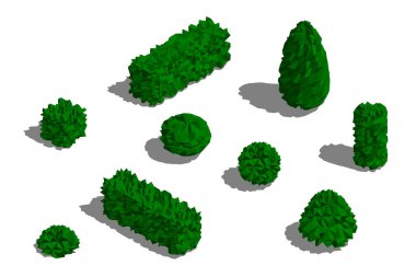 Farklı çalılar seti. 3D düşük Poly vektör illüstrasyon.