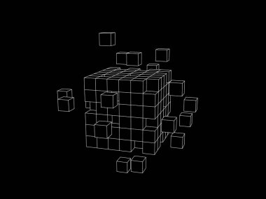 Küçük küpleri tel kafes küp. Büyük veri konsepti. 