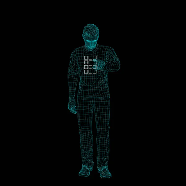 Hombre ingresando código pin. Cuerpo humano Wireframe. Esquema vectorial . — Archivo Imágenes Vectoriales