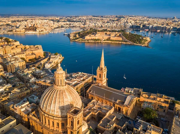 Valletta Málta Légifelvételek Szűzanya Mount Carmel Templom Paul Cathedral Napfelkeltekor — Stock Fotó