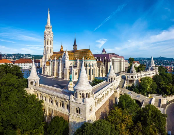 Budapest Magyarország Légi Felvétel Híres Fisherman Bastion Halaszbastya Mátyás Templom — Stock Fotó