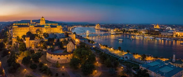 Будапешт Венгрия Воздушный Панорамный Вид Будапешт Голубой Час Buda Castle — стоковое фото