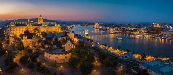 Будапешт Венгрия Воздушный Панорамный Вид Будапешт Голубой Час Buda Castle — стоковое фото