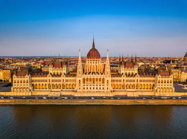 Budapest Ungheria Veduta Aerea Del Bellissimo Parlamento Ungherese Orszaghaz Tramonto — Foto Stock