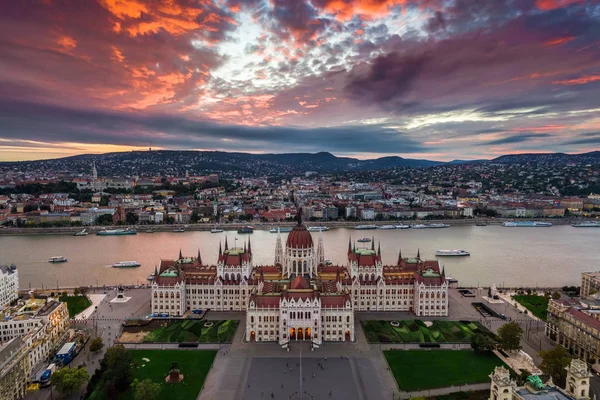 Budapest Ungern Panorama Flygfoto Över Ungerns Parlament Vid Solnedgången Med — Stockfoto