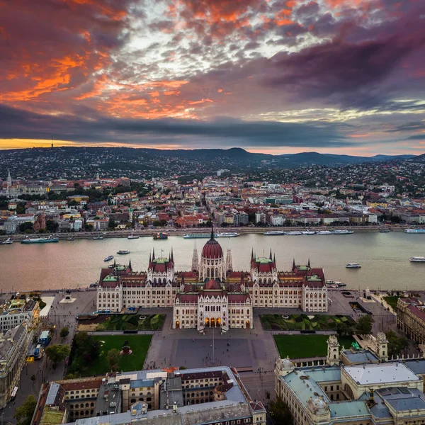 Budapest Ungern Panorama Flygfoto Över Ungerns Parlament Vid Solnedgången Med — Stockfoto