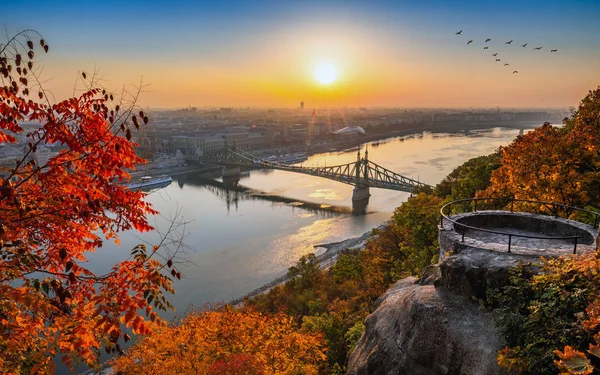 Будапешт Панорамний Skyline Подання Будапешта Сході Сонця Красиві Осіннє Листя — стокове фото