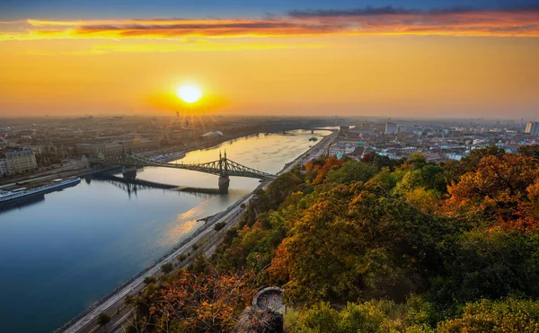 Будапешт Венгрия Потрясающий Вид Будапешт Красивой Осенней Листвой Мостом Свободы — стоковое фото