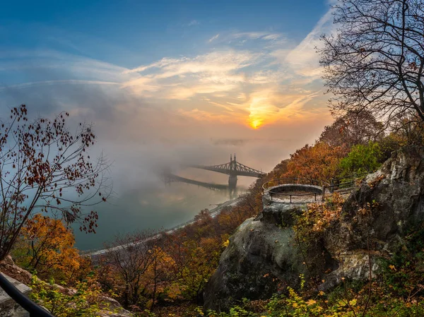 匈牙利布达佩斯 在加勒特山与自由桥 萨巴德萨格 多瑙河上的雾 五颜六色的天空和云朵和美丽的秋叶在日出 — 图库照片