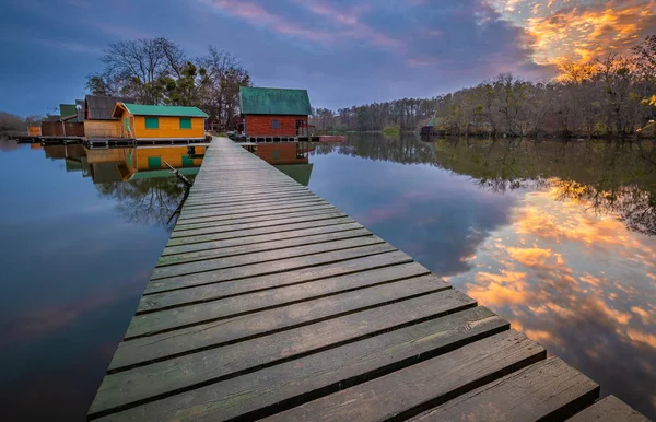 Tata Hungary Fishing Cottages Small Island Lake Darito Derito Sunset — Stock Photo, Image