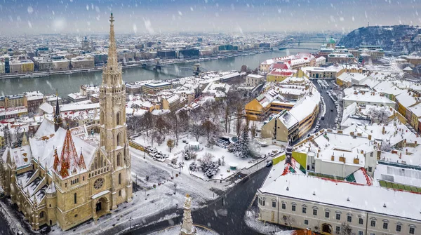 Budapest Hungary Aerial Panoramic View Snowy Buda District Matthias Church — Stock Photo, Image