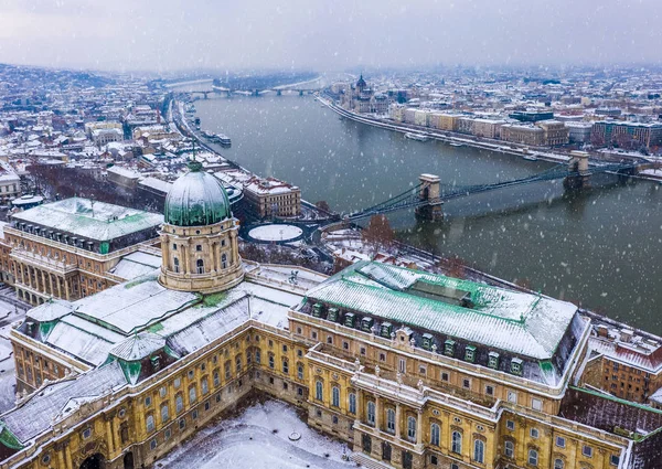 Budapest Hungary Aerial Panoramic View Snowy Buda Castle Royal Palace — Stock Photo, Image