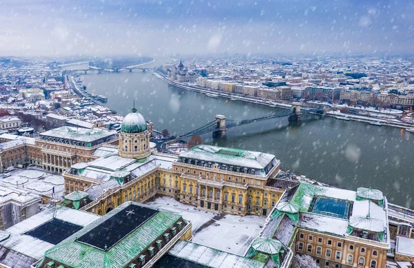 Budapest Hungary Aerial Panoramic View Snowy Buda Castle Royal Palace — Stock Photo, Image