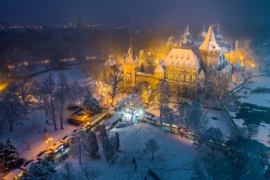Budapeşte, Macaristan - karlı Şehir Parkı (Varosliget) Yukarıdaki karlı ağaçlar ve Vajdahunyad castle ile gece Noel pazarı