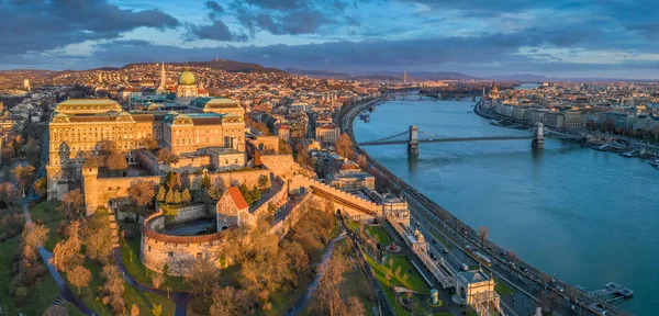 Budapest Ungern Panorama Flygfoto Över Buda Slott Slottet Med Szechenyi — Stockfoto