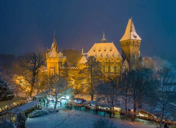 Budapest Hungría Mercado Navidad Nevado Parque Ciudad Varosliget Desde Arriba — Foto de Stock