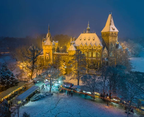 Budapest Hungría Mercado Navidad Nevado Parque Ciudad Varosliget Desde Arriba — Foto de Stock