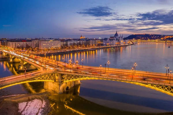 Budapest Hungary Aerial View Blue Hour Margaret Bridge Entrance Margaret — Stock Photo, Image