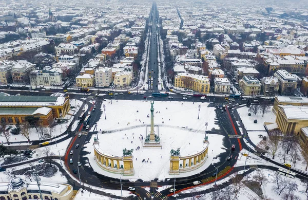 Budapest Hungary Aerial Skyline View Snowy Budapest Heroes Square Andrassy — Stock Photo, Image