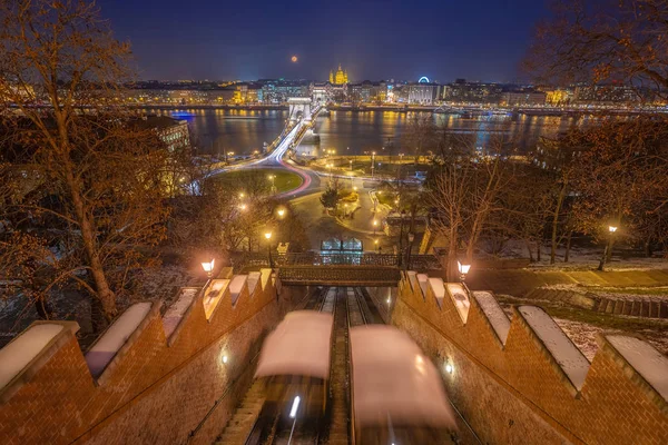 Budapest, Hungary - View from the Buda Castle Hill at blue hour with moving funiculars, Szechenyi Chain Bridge, St. Stephen's Basilica and blood Moon rising over Budapest — Stock Photo, Image