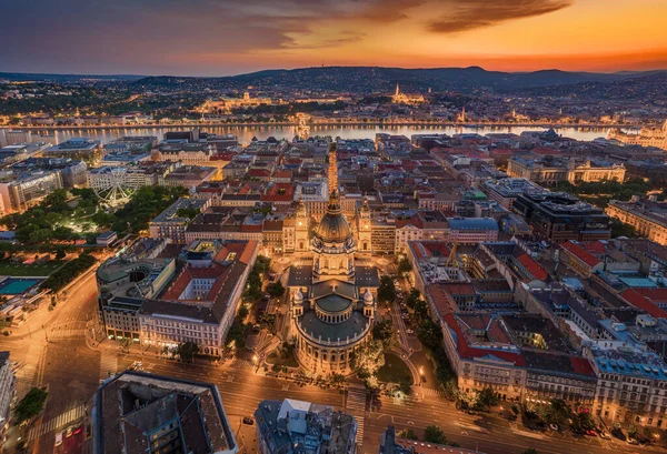 Budapest Magyarország Légi Panoráma Kivilágított Budapestre Csodálatos Arany Naplementével Kilátásban — Stock Fotó