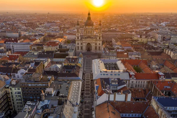 Budapest Magyarország Napkelte Budapest Felett Légi Felvételen Szent István Bazilikával — Stock Fotó
