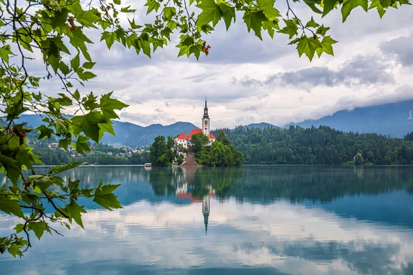 Bled Slovenië Bled Meer Blejsko Jezero Met Reflecterende Bedevaartskerk Van — Stockfoto