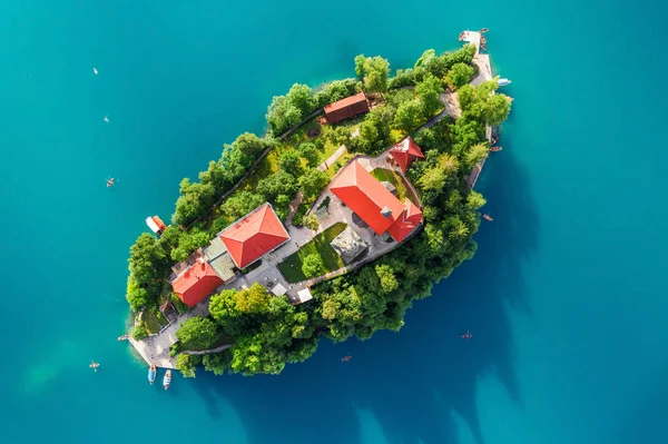 Bled Eslovênia Vista Aérea Lago Bled Blejsko Jezero Cima Igreja — Fotografia de Stock