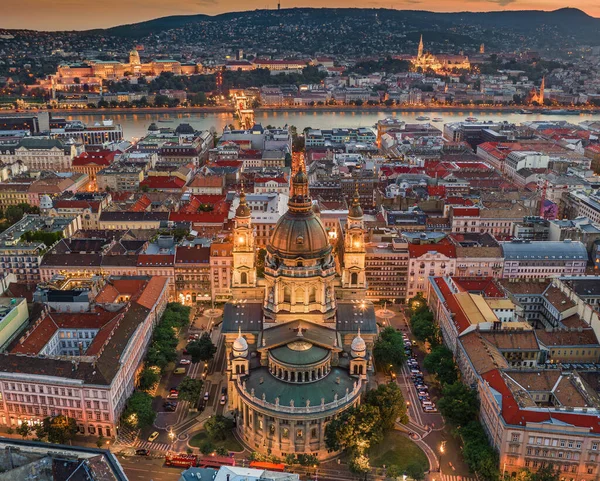 Budapest Hungary Aerial Drone View Famous Illuminated Stephen Basilica Szent — стоковое фото