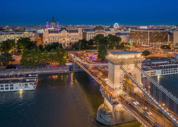 Budapest Magyarország Légi Kilátás Széchenyi Lánchídra Szent István Bazilikával Óriáskerékkel — Stock Fotó