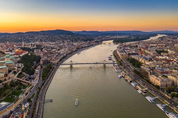 Budapest Magyarország Légi Drón Kilátás Dunára Naplementekor Tiszta Égbolttal Budai — Stock Fotó