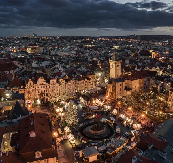 Prag Çek Cumhuriyeti Prag Şehrinin Ünlü Noel Pazarının Havadan Panoramik — Stok fotoğraf