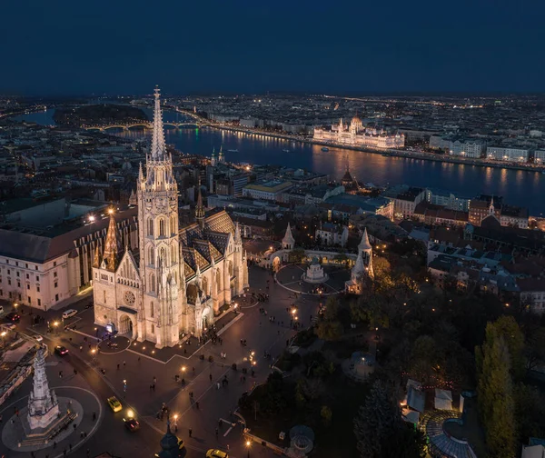 Budapest Hungary Aerial Drone View Beautiful Illuminated Matthias Church Blue — стоковое фото