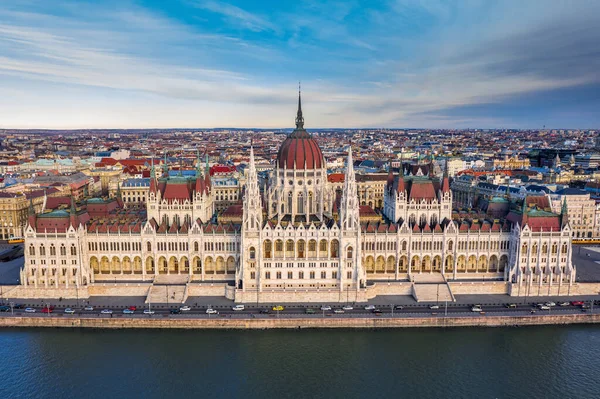 Budapest Hungary Aerial Drone View Beautiful Hungarian Parliament Building Warm — Stock Photo, Image
