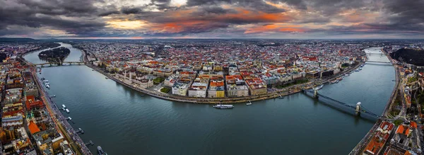 Budapest Ungern Flygpanoramautsikt Över Budapest Med Spektakulär Solnedgång Szechenyi Chain — Stockfoto