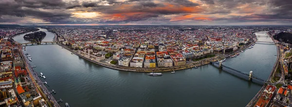 Budapest Ungern Flygpanoramautsikt Över Budapest Med Spektakulär Solnedgång Szechenyi Chain — Stockfoto