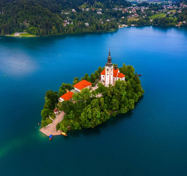 Lake Bled Szlovénia Légi Kilátás Gyönyörű Bled Blejsko Jezero Zarándoklat — Stock Fotó