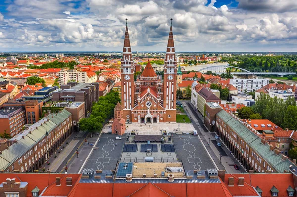 Szeged Magyarország Repülő Drón Kilátás Votive Church Cathedral Our Lady — Stock Fotó