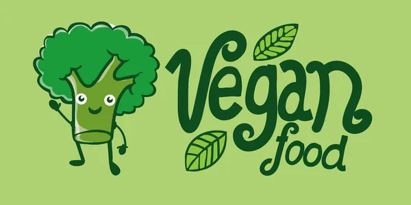 Cartoon Vector Illustration Broccoli Logo Vegan Food Lettering — Stock Vector