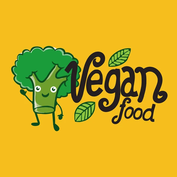 Dibujo Animado Vector Ilustración Brócoli Logotipo Vegano Letras Alimentos — Vector de stock