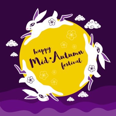 Vintage Mid Sonbahar Festivali afiş tasarımı tavşan karakterle.