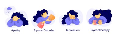 düz resimde ruh sağlığı hakkında kümesi: apati, depresyon, bipolar bozukluk ve psikoterapi. Genç kız farklı pozlar ve koşullar. 