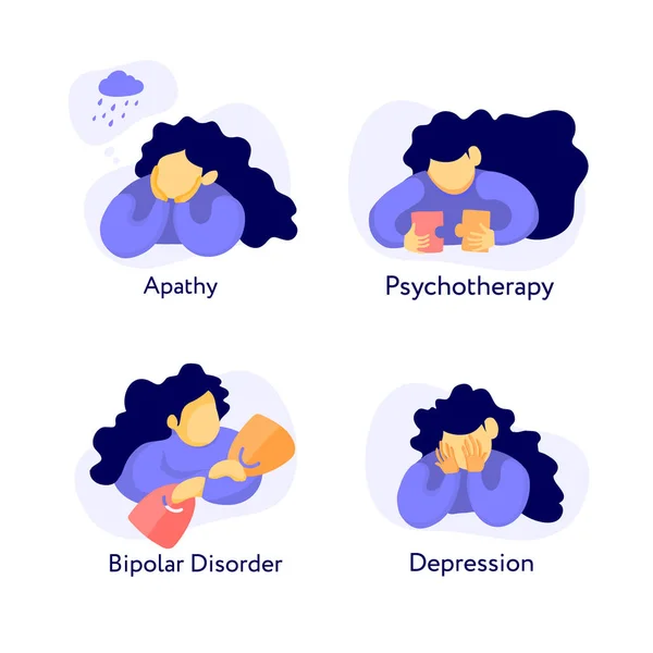 Uppsättning Platt Illustration Psykisk Hälsa Apati Depression Bipolär Sjukdom Och — Stock vektor