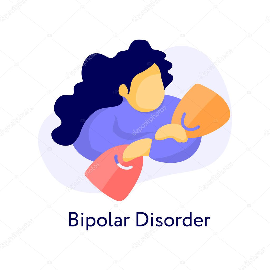 woman with masks of bad and good mood. bipolar  disorder flat illustration