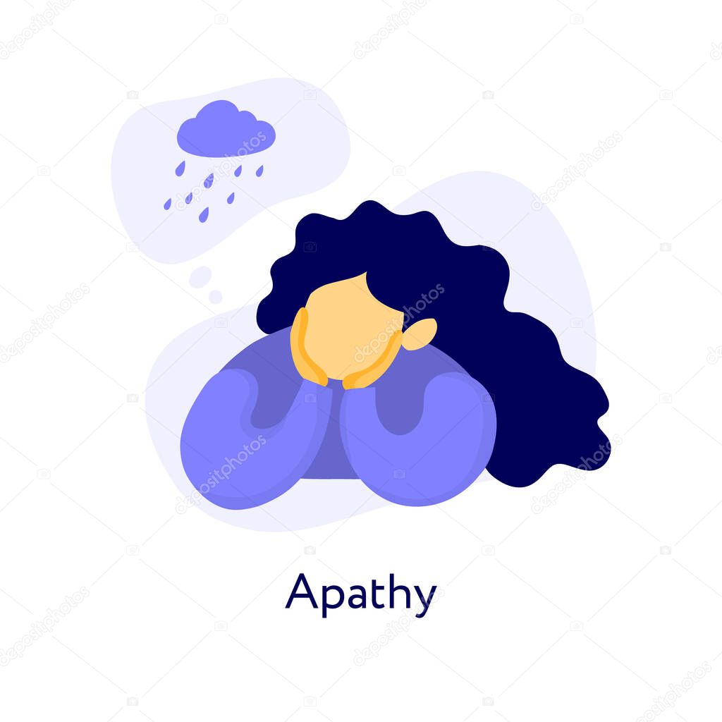 Young girl in a flat  style with the speech buubble rainy cloud. Bad mood and apathy illustration.
