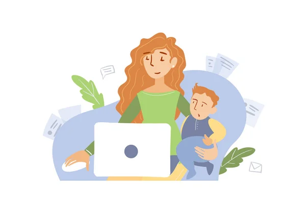 Linda Mamá Joven Freelancer Trabaja Casa Computadora Rodilla Hay Niño — Vector de stock